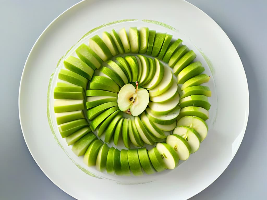  An ultradetailed closeup image of freshly sliced, crisp green apples arranged in a perfect circle pattern on a sleek, modern white plate. The vibrant green hues of the apples pop against the clean white background, showcasing the natural beauty and freshness of the ingredients. Each slice is meticulously placed, highlighting the intricate details and textures of the fruit. The minimalist composition exudes a sense of precision and elegance, setting the tone for the glutenfree apple tart recipe to follow. hyperrealistic, full body, detailed clothing, highly detailed, cinematic lighting, stunningly beautiful, intricate, sharp focus, f/1. 8, 85mm, (centered image composition), (professionally color graded), ((bright soft diffused light)), volumetric fog, trending on instagram, trending on tumblr, HDR 4K, 8K