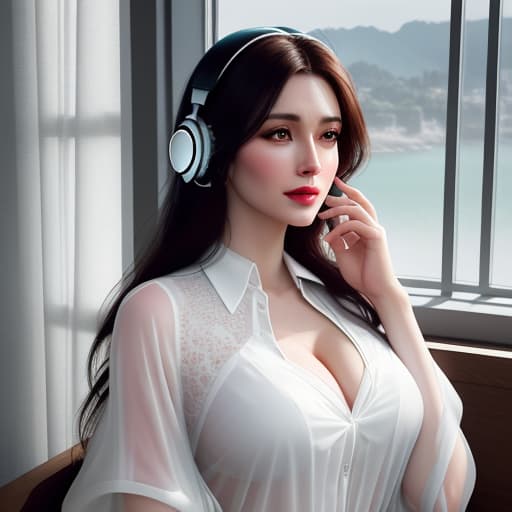  analog style, best quality, gorgeous young Swiss sitting by window with headphones on, wearing white with translucent shirt over, soft lips, beach hair, octane render, unreal engine, photograph, realistic skin texture, photorealistic, hyper realism, highly detailed, 85mm portrait photography, award winning, hard rim lighting photography has big  hyperrealistic, full body, detailed clothing, highly detailed, cinematic lighting, stunningly beautiful, intricate, sharp focus, f/1. 8, 85mm, (centered image composition), (professionally color graded), ((bright soft diffused light)), volumetric fog, trending on instagram, trending on tumblr, HDR 4K, 8K