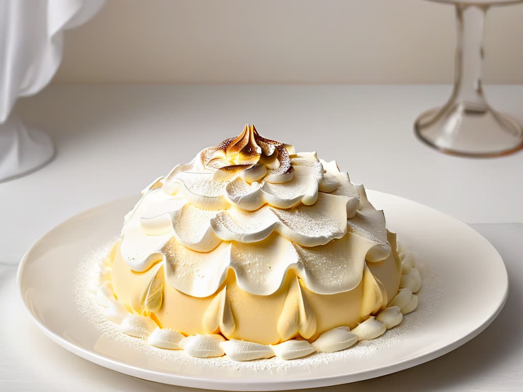  A closeup, ultradetailed image of perfectly whipped, glossy meringue peaks, elegantly presented on a pristine white plate. The meringue is delicately dusted with a sprinkle of goldenbrown cremor tártaro, creating a subtle but visually striking contrast against the white backdrop. Each peak glistens in the light, showcasing the expertly achieved texture and shine that epitomizes the secret to achieving perfect, fluffy meringues with cremor tártaro. The image exudes a sense of precision, elegance, and culinary mastery, perfectly complementing the professional and inspirational tone of the article. hyperrealistic, full body, detailed clothing, highly detailed, cinematic lighting, stunningly beautiful, intricate, sharp focus, f/1. 8, 85mm, (centered image composition), (professionally color graded), ((bright soft diffused light)), volumetric fog, trending on instagram, trending on tumblr, HDR 4K, 8K