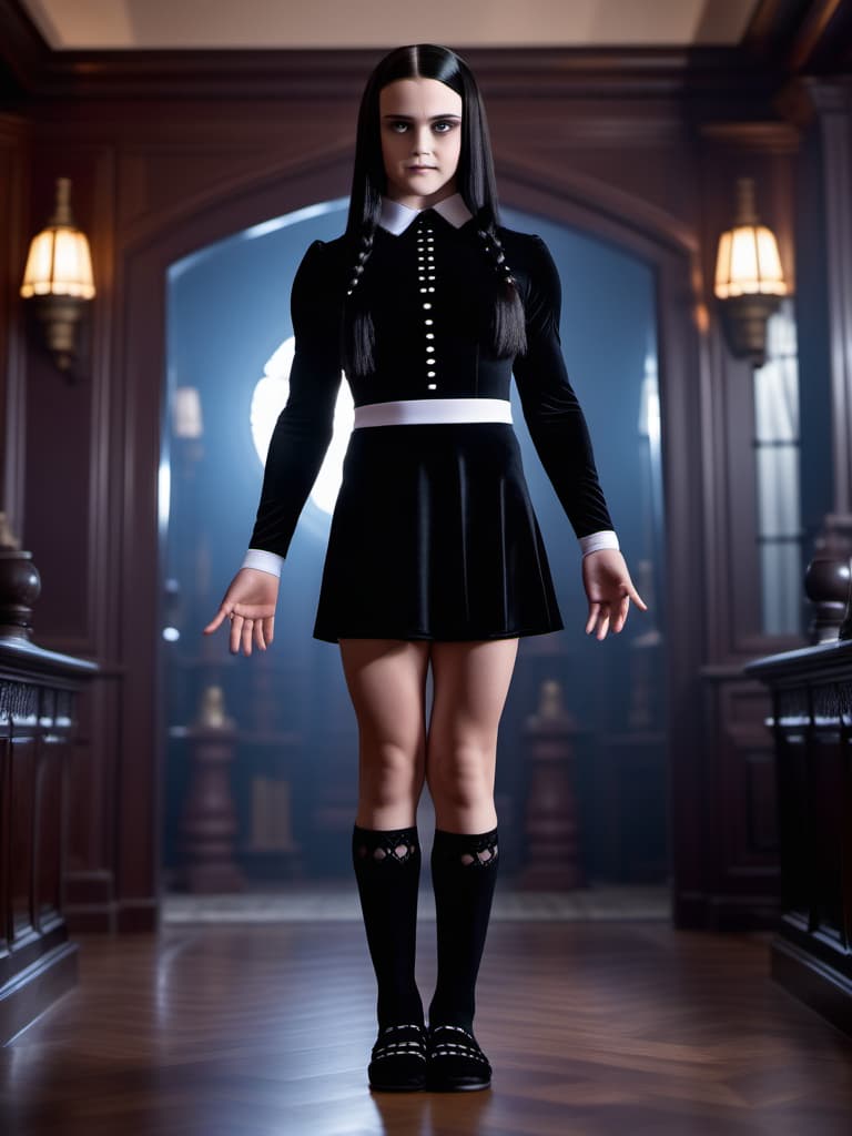  cinematic photo Muscular girl as wednesday addams bearhugs a girl, strength demonstration, barefoot, full body shot, 8k, high quality . 35mm photograph, film, bokeh, professional, 4k, highly detailed