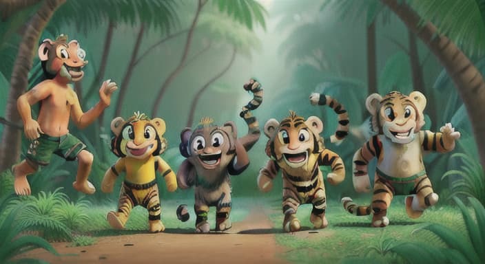  {Tiger, elephant, and monkey chasing each other in the jungle., The friends are full of joy and laughter, a happy trio of jungle adventurers.