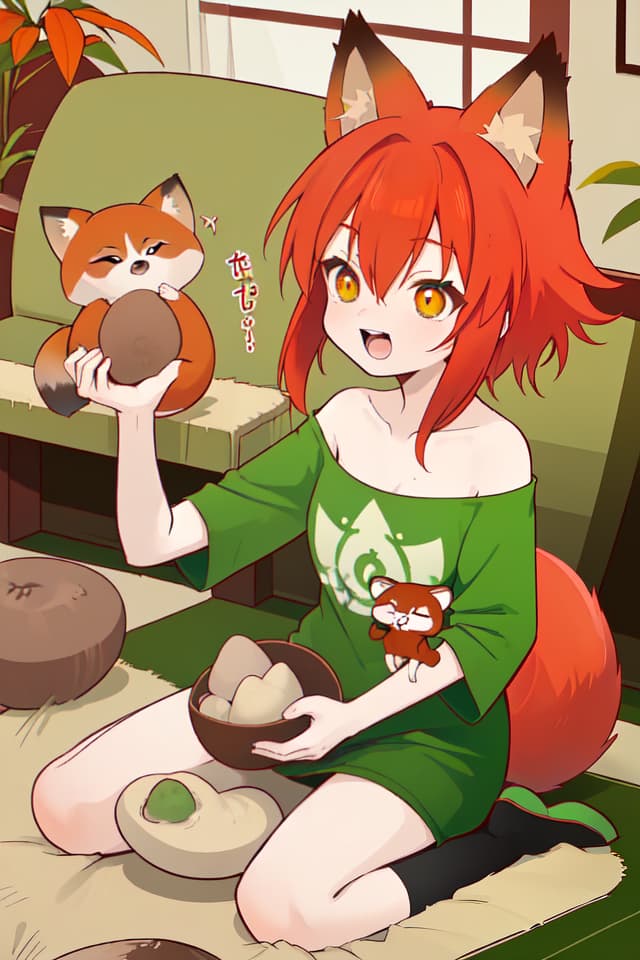  The red haired character of the fox ear and the green hair character of the raccoon ear, sitting down and kneading, shouting