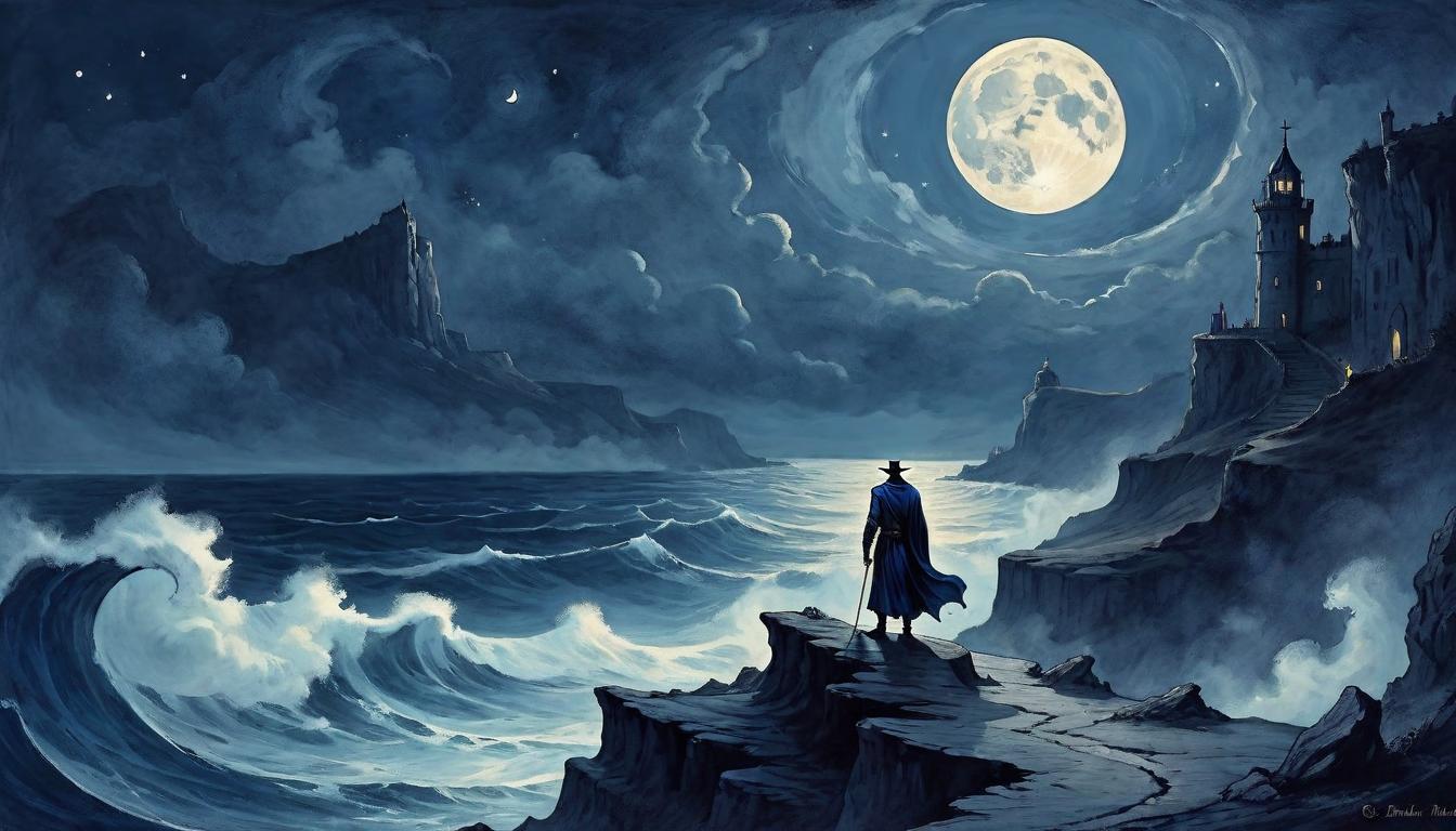  on parchment, surrealism+++, A shadowy figure clad in midnight blue, stands at the edge of a cliff overlooking a tumultuous sea under a crescent moon, embodying the mystery and solitude of misunderstood power, figure enigmatic, ocean waves chaotic, moonlight mystical(mysterious, provocative, symbolic,muted color)+++