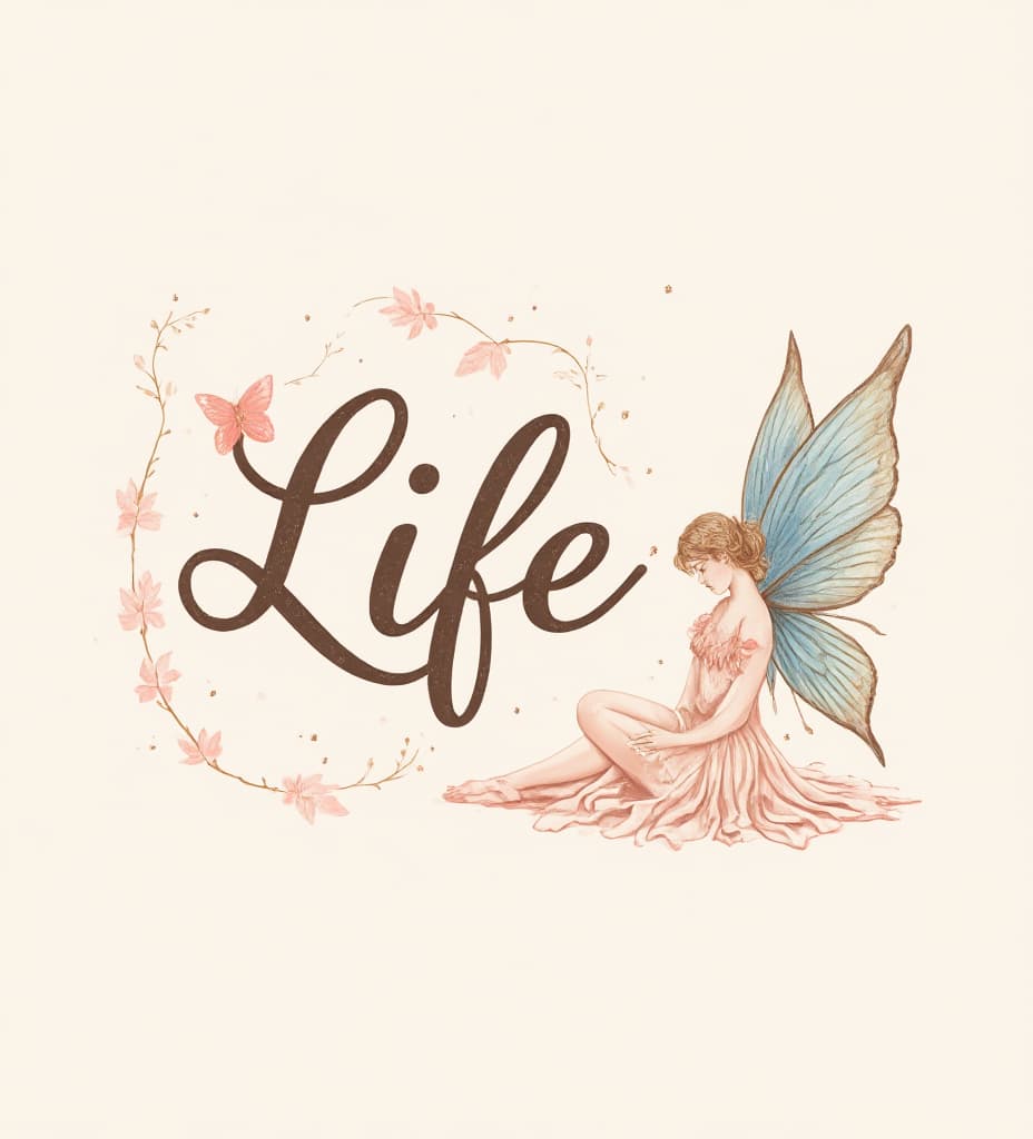  good quality, high quality, the text "life" in script with an image of a fairy, profile, with butterfly wings, sitting with legs to the side, pastel pink and blue tones, vintage style drawing