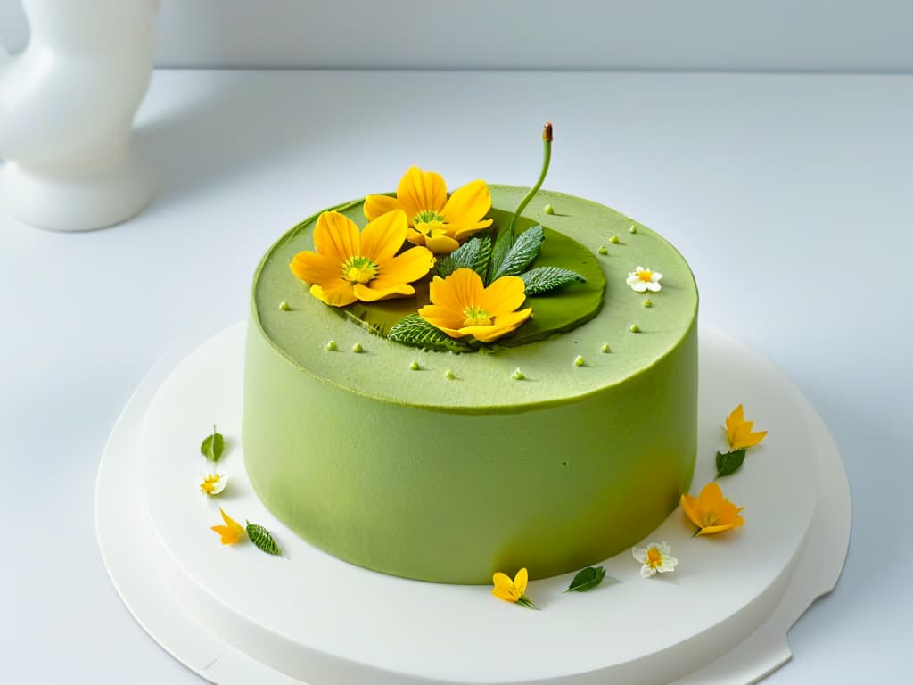  A minimalist image of a vibrant green matcha tea cheesecake topped with delicate edible flowers, set on a sleek marble cake stand against a soft, neutral background, showcasing the elegant and innovative fusion of green tea and dessert. hyperrealistic, full body, detailed clothing, highly detailed, cinematic lighting, stunningly beautiful, intricate, sharp focus, f/1. 8, 85mm, (centered image composition), (professionally color graded), ((bright soft diffused light)), volumetric fog, trending on instagram, trending on tumblr, HDR 4K, 8K