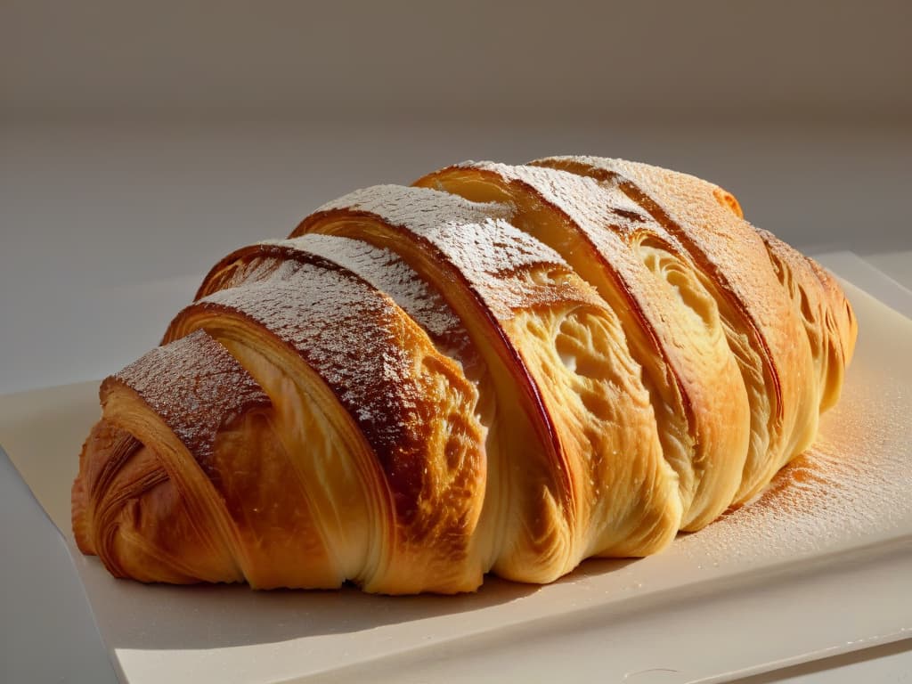  A closeup, ultradetailed image of a perfectly flaky croissant, freshly baked to golden perfection, with delicate layers glistening in the light, showcasing the mastery of pastry craftsmanship in creating the ideal dough consistency and aeration. hyperrealistic, full body, detailed clothing, highly detailed, cinematic lighting, stunningly beautiful, intricate, sharp focus, f/1. 8, 85mm, (centered image composition), (professionally color graded), ((bright soft diffused light)), volumetric fog, trending on instagram, trending on tumblr, HDR 4K, 8K