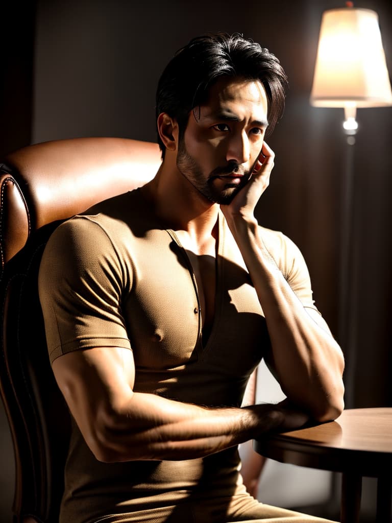  A man is sitting in a chair with his open, his right hand stroking his genitals, he is not wearing any clothes or, his is running out between his, his left hand stroking his face, he has black hair, brown eyes, a huge chest and eight-pack abs, and he has a delicate face hyperrealistic, full body, detailed clothing, highly detailed, cinematic lighting, stunningly beautiful, intricate, sharp focus, f/1. 8, 85mm, (centered image composition), (professionally color graded), ((bright soft diffused light)), volumetric fog, trending on instagram, trending on tumblr, HDR 4K, 8K
