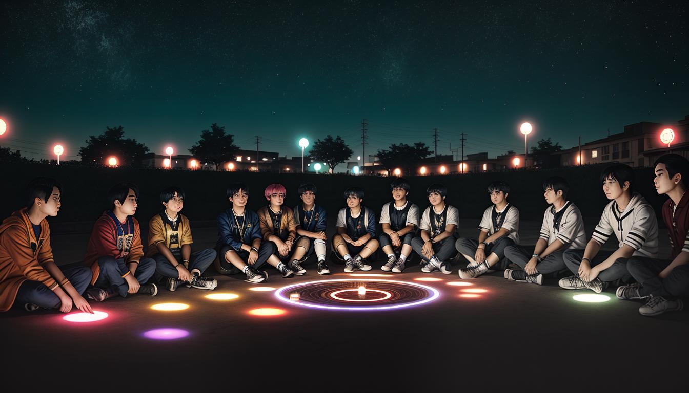  Retro anime aesthetics, retro futuristic A communal circle, diverse group of people with open expressions, seated on the ground, sharing stories, warm lighting, sense of community and sharing, 4k, HDR, lens flare