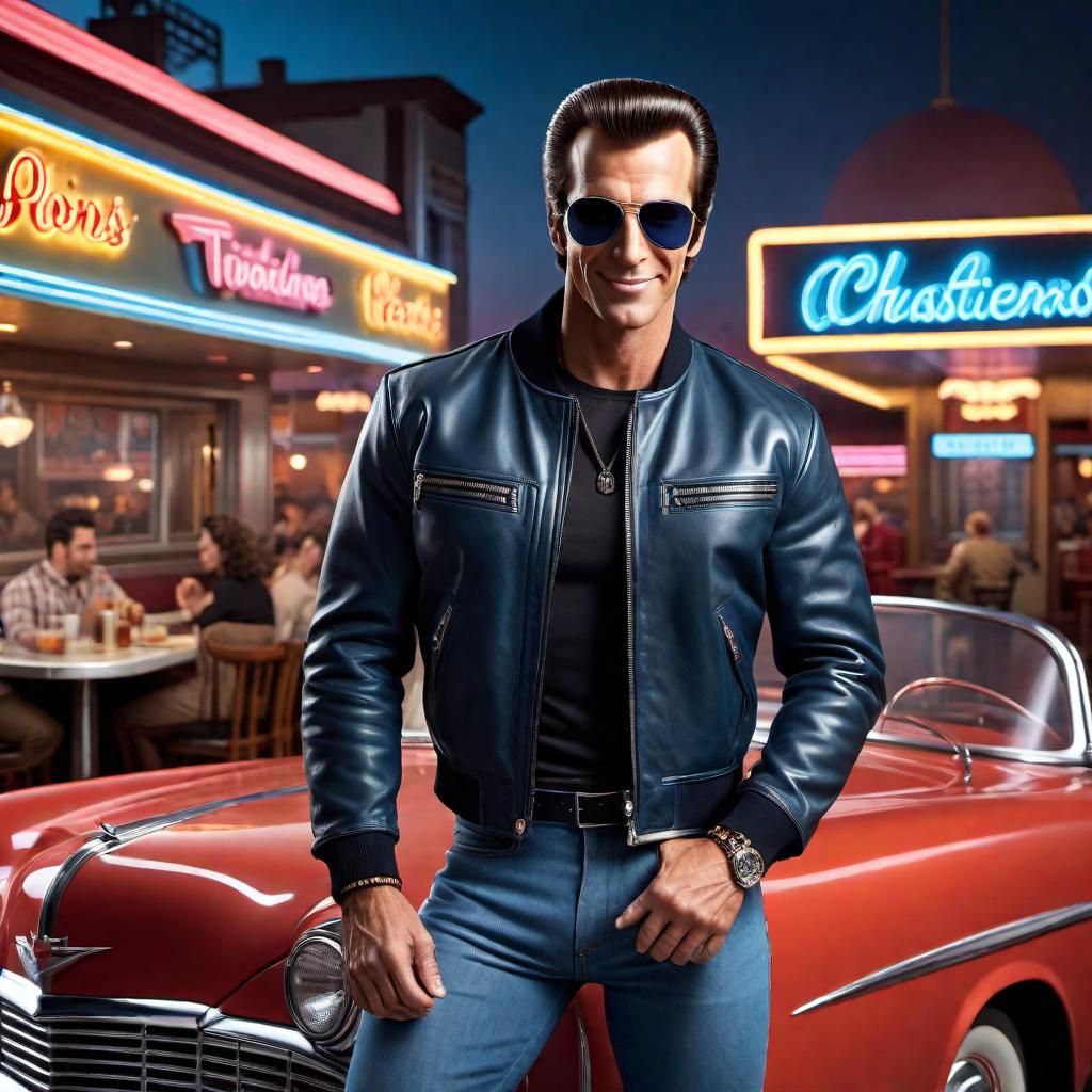  A cool and stylish character named B Fonz giving a thumbs up. The character should have a confident and laid-back demeanor, wearing a leather jacket, blue jeans, and sunglasses. The background should be a classic 1950s diner setting, with neon lights and a checkered floor. The overall scene should have a vintage, nostalgic feel. hyperrealistic, full body, detailed clothing, highly detailed, cinematic lighting, stunningly beautiful, intricate, sharp focus, f/1. 8, 85mm, (centered image composition), (professionally color graded), ((bright soft diffused light)), volumetric fog, trending on instagram, trending on tumblr, HDR 4K, 8K