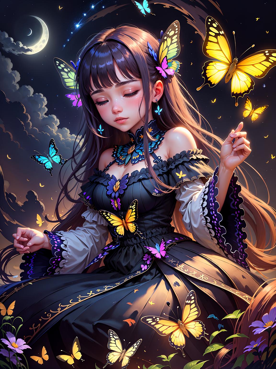  master piece, best quality, ultra detailed, highres, 4k.8k, Dreamweaving Butterfly, Weaving beautiful dreams, Serene, BREAK Dreamweaving Butterfly, Night sky, Stars, moonlight, clouds, BREAK Calming and peaceful, Illuminated by moonlight, dreamlike quality, fun00d