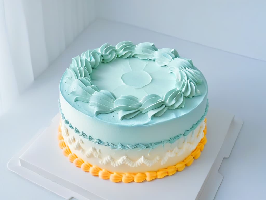  An ultradetailed closeup image of a perfectly frosted, multilayered cake with intricate piping details in pastel colors, set against a clean, white background. hyperrealistic, full body, detailed clothing, highly detailed, cinematic lighting, stunningly beautiful, intricate, sharp focus, f/1. 8, 85mm, (centered image composition), (professionally color graded), ((bright soft diffused light)), volumetric fog, trending on instagram, trending on tumblr, HDR 4K, 8K