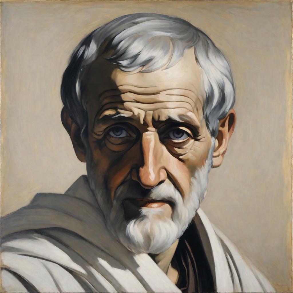  masterpiece, best quality,Ancient Greek philosopher Aristotle, dressed in a Greek white robe, front portrait oil painting, pure black background, clear face