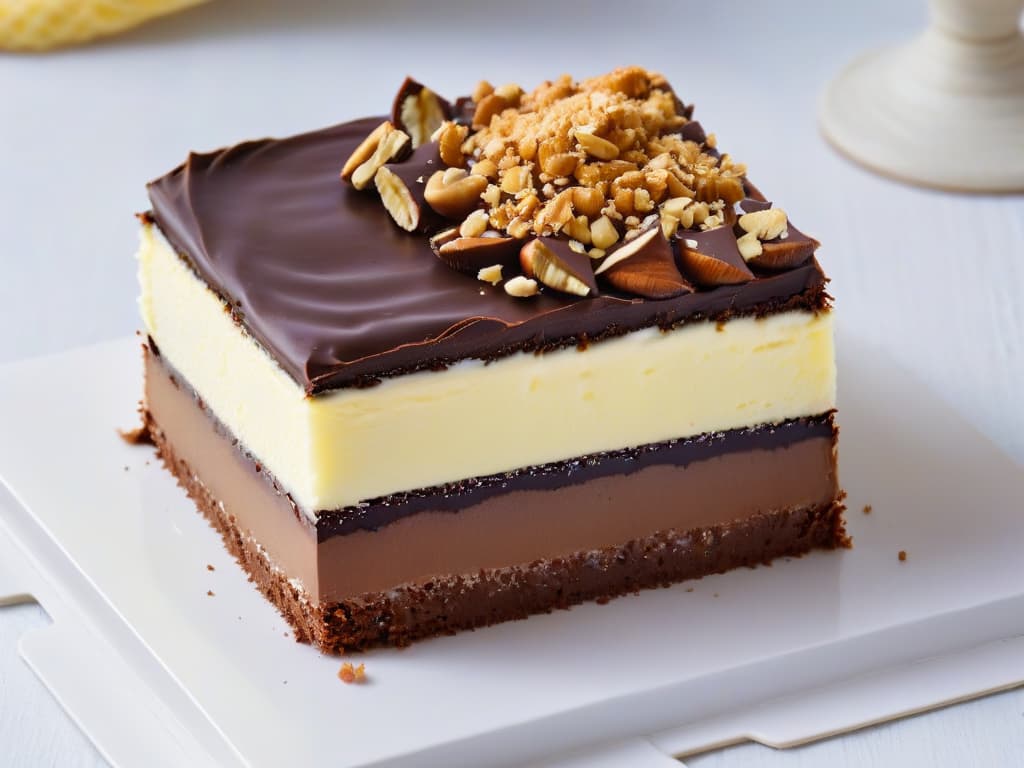  A closeup, ultrahigh resolution image capturing the intricate layers of a decadent Nanaimo bar, a traditional Canadian dessert. The image showcases the smooth chocolate topping, the creamy custard center, and the crumbly coconut and nut base, all stacked neatly on a pristine white plate. The play of light and shadows highlights the textures and richness of this iconic Canadian treat, inviting the viewer to indulge in its delicious layers. hyperrealistic, full body, detailed clothing, highly detailed, cinematic lighting, stunningly beautiful, intricate, sharp focus, f/1. 8, 85mm, (centered image composition), (professionally color graded), ((bright soft diffused light)), volumetric fog, trending on instagram, trending on tumblr, HDR 4K, 8K