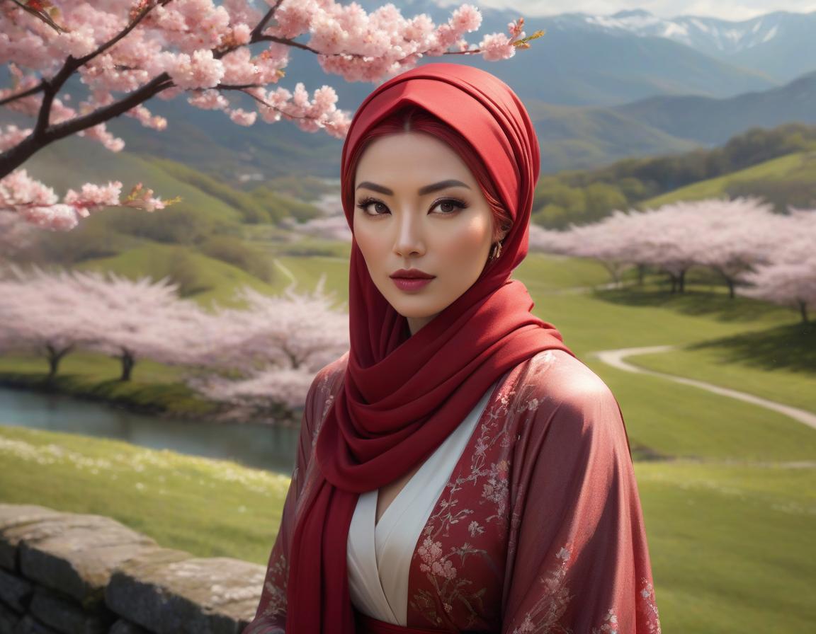  concept art A digital art portrait of a woman with a red headscarf, cherry blossoms in her hair, and serene landscape in the background. . digital artwork, illustrative, painterly, matte painting, highly detailed hyperrealistic, full body, detailed clothing, highly detailed, cinematic lighting, stunningly beautiful, intricate, sharp focus, f/1. 8, 85mm, (centered image composition), (professionally color graded), ((bright soft diffused light)), volumetric fog, trending on instagram, trending on tumblr, HDR 4K, 8K