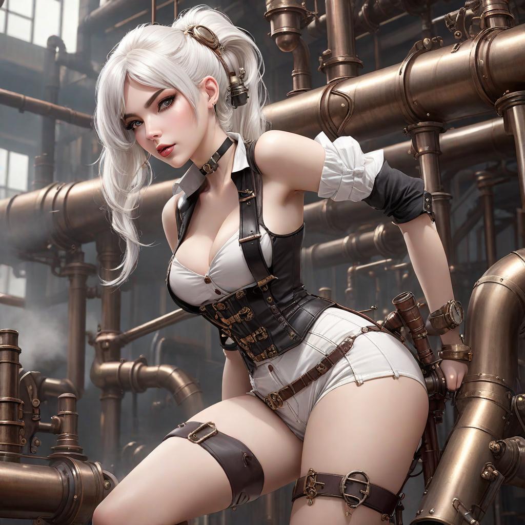  steampunk style, young woman, long pipes, bent over, tilted pose, face detailing, seductively looks at the viewer, cheeky bitch with lustful facial expression, bright white hair, shows bare, realistic skin, in shorts, belts, suspenders,  steampunk factory,  steam mechanisms, best quality, masterpiece, cute, hyper detail, full HD hyperrealistic, full body, detailed clothing, highly detailed, cinematic lighting, stunningly beautiful, intricate, sharp focus, f/1. 8, 85mm, (centered image composition), (professionally color graded), ((bright soft diffused light)), volumetric fog, trending on instagram, trending on tumblr, HDR 4K, 8K