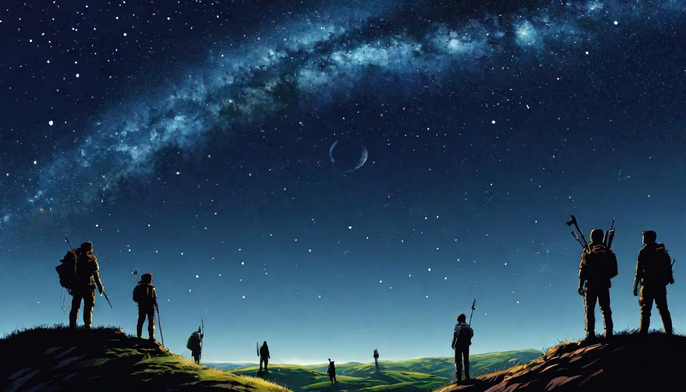  digital illustration, A group of diverse figures, standing side by side on a hilltop, looking up at the stars, unity in diversity, support, anticipation., looking at viewer, dynamic pose, (intricate details, masterpiece, best quality)