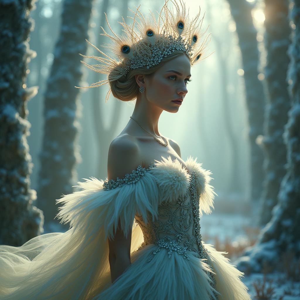  good quality, high quality, a stunning hyper realistic, photorealistic uhd 8k artwork blending elements of ethereal fantasy and high end fashion design. the image features a regal figure, standing gracefully, with a flowing dress that incorporates intricate feather and lace patterns, reminiscent of peacock feathers and lacework seen in elegant haute couture. the figure’s flawless face is framed by a delicate, lace like headdress with intricate patterns, adorned with subtle jewelry. her expression is serene yet mysterious, with captivating, perfectly detailed eyes. the environment is an ethereal, glowing forest setting, filled with soft natural light filtering through icy, surreal trees in the background, giving an otherworldly, yet luxur