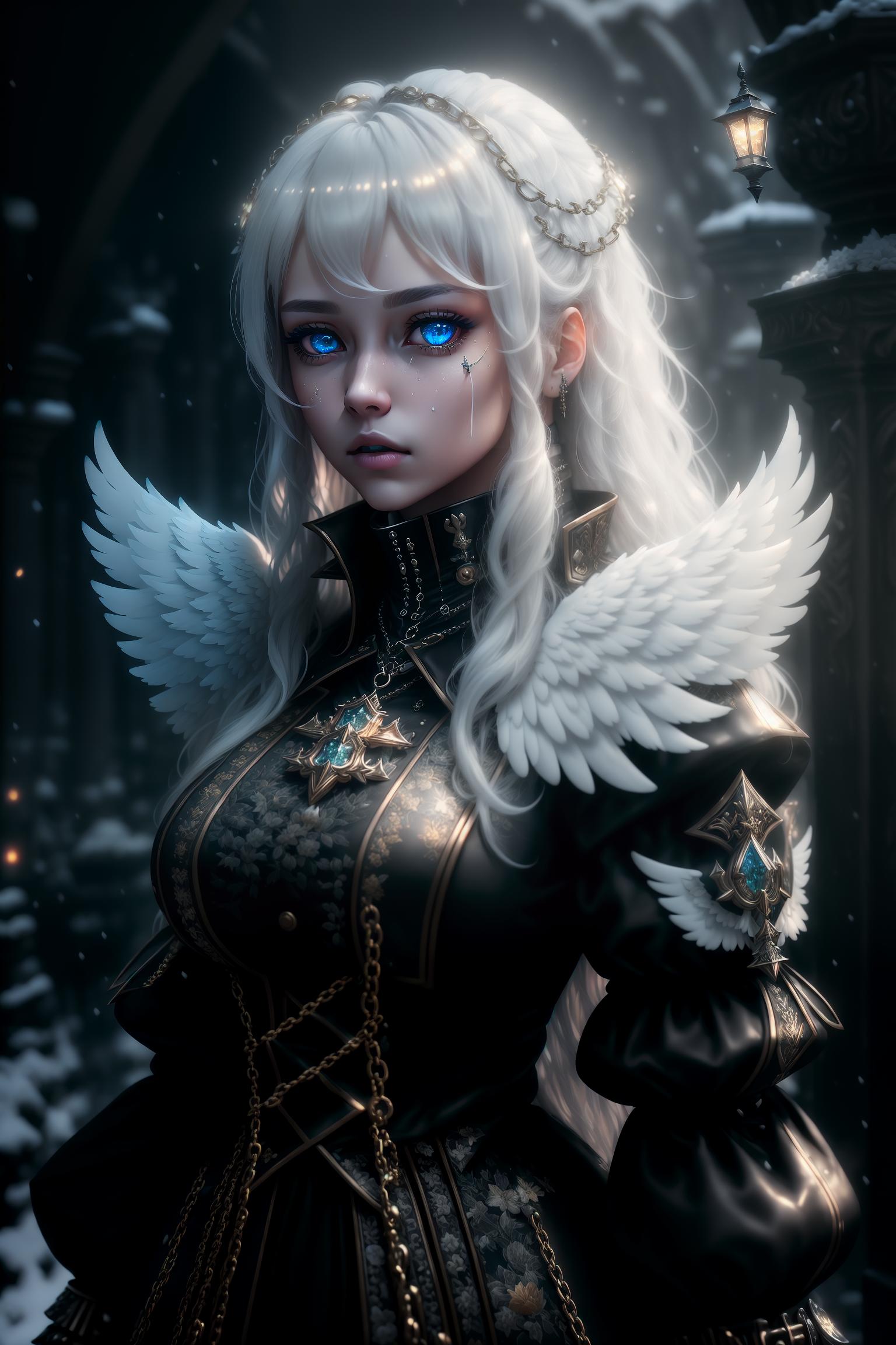  (masterpiece:1.5),(bestquality),highlydetailed,ultra detailed,cold,solo,(1girl),(detailedeyes),(shinegoldeneyes),(longliverhair),expressionless,(long sleeves),(puffy sleeves),(white wings),shinehalo,(heavymetal:1.2),(metaljewelry),cross lacedfootwear (chain),(Whitedoves:1.2),lonelygravedigger:1.5,tiredandaged:1.3,shovel,skull,shabbyclothing,lonelygraveyard:1.5,newlyduggrave:1.2,nightenvironment:1.2,gravestonesandstatues,heavyfogandsilence hyperrealistic, full body, detailed clothing, highly detailed, cinematic lighting, stunningly beautiful, intricate, sharp focus, f/1. 8, 85mm, (centered image composition), (professionally color graded), ((bright soft diffused light)), volumetric fog, trending on instagram, trending on tumblr, HDR 4K, 8K