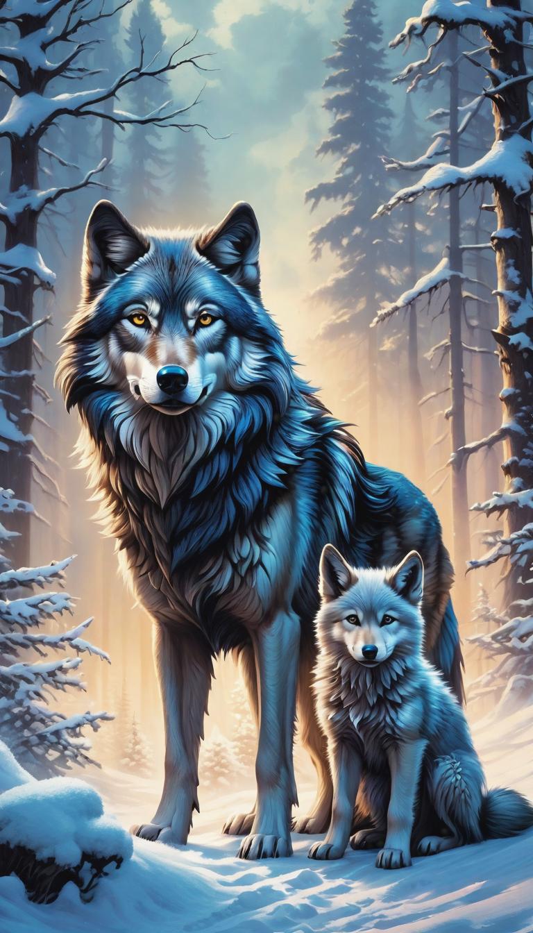  gothic style depiction of A majestic Wolf takeing care of her baby wolf in the snow . dark, mysterious, haunting, dramatic, ornate, detailed, hyperrealistic, full body, detailed clothing, highly detailed, cinematic lighting, stunningly beautiful, intricate, sharp focus, f/1. 8, 85mm, (centered image composition), (professionally color graded), ((bright soft diffused light)), volumetric fog, trending on instagram, trending on tumblr, HDR 4K, 8K