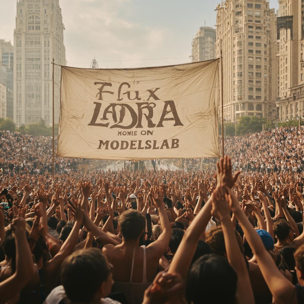  vintage style, a huge crowd cheering at a huge banner, banner contains the text 'flux lora on modelslab'.