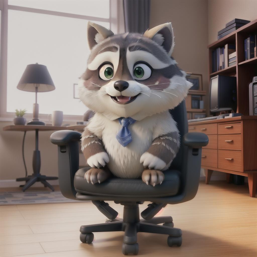  raccoon sitting in gaming chair front a computer on desktop, ((semi anthropomorphic)),(full body), tail, belly, sitting, fat, (chubby), (((white background))), solo, desktop, gaming chair, side view,  [[[clothes]]] hyperrealistic, full body, detailed clothing, highly detailed, cinematic lighting, stunningly beautiful, intricate, sharp focus, f/1. 8, 85mm, (centered image composition), (professionally color graded), ((bright soft diffused light)), volumetric fog, trending on instagram, trending on tumblr, HDR 4K, 8K