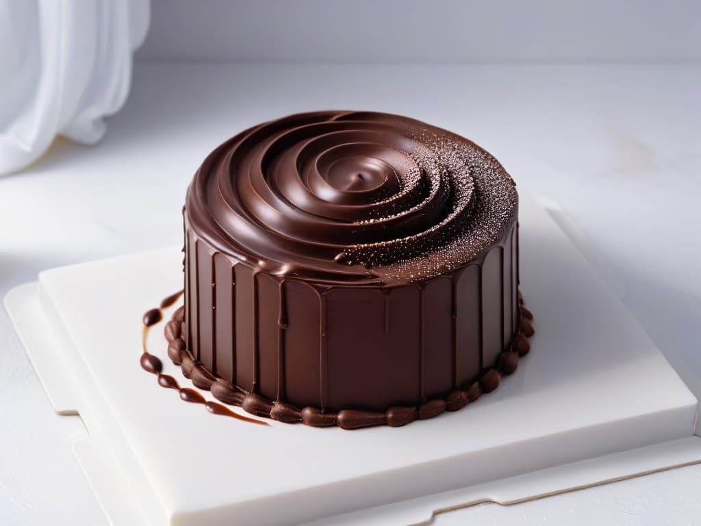  A closeup, ultradetailed image of a shiny, perfectly tempered chocolate curl delicately resting on a white marble surface. The curl glistens under a soft spotlight, showcasing its smooth texture and intricate layers, with tiny air bubbles trapped inside adding depth to the overall appearance. The contrast between the rich, dark chocolate and the pristine white marble creates a visually striking composition, emphasizing the elegance and precision of chocolate manipulation in pastry arts. hyperrealistic, full body, detailed clothing, highly detailed, cinematic lighting, stunningly beautiful, intricate, sharp focus, f/1. 8, 85mm, (centered image composition), (professionally color graded), ((bright soft diffused light)), volumetric fog, trending on instagram, trending on tumblr, HDR 4K, 8K