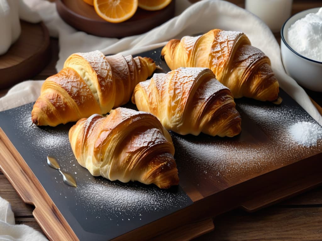  An image of perfectly goldenbrown croissants arranged neatly on a rustic wooden table, with a light dusting of powdered sugar on top and a delicate drizzle of honey dripping down the sides, all under a soft, natural light that enhances the flaky layers of pastry. hyperrealistic, full body, detailed clothing, highly detailed, cinematic lighting, stunningly beautiful, intricate, sharp focus, f/1. 8, 85mm, (centered image composition), (professionally color graded), ((bright soft diffused light)), volumetric fog, trending on instagram, trending on tumblr, HDR 4K, 8K