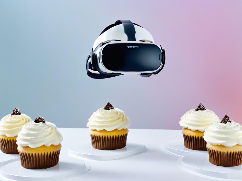  A minimalist and ultradetailed image of a sleek, futuristic virtual reality headset hovering in midair, surrounded by swirling digital confectionery elements like floating cupcakes, chocolate chips, and sugar crystals. The headset gleams with a soft, inviting light, showcasing intricate textures and reflections that evoke a sense of advanced technology merging with the artistry of baking. The background is a subtle gradient of pastel colors, enhancing the modern and aspirational feel of the scene. hyperrealistic, full body, detailed clothing, highly detailed, cinematic lighting, stunningly beautiful, intricate, sharp focus, f/1. 8, 85mm, (centered image composition), (professionally color graded), ((bright soft diffused light)), volumetric fog, trending on instagram, trending on tumblr, HDR 4K, 8K