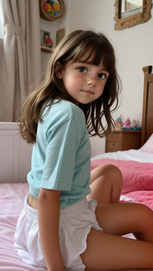  portrait, pequeña niña desa, , back view con las manos en la cama, se encuentra de espaldas, brown hair, green eyes, , full body. Ella esta de espaldas, , she has a mischievous and funny gesture. She has her back turned to the camera. Showing her beautiful youthfull. She has an innocent face, in the style of Disney. Well defined anatomical details. living through puberty, pure, innocent. She is in her room. Ella posa de espaldas, arqueando la espalda