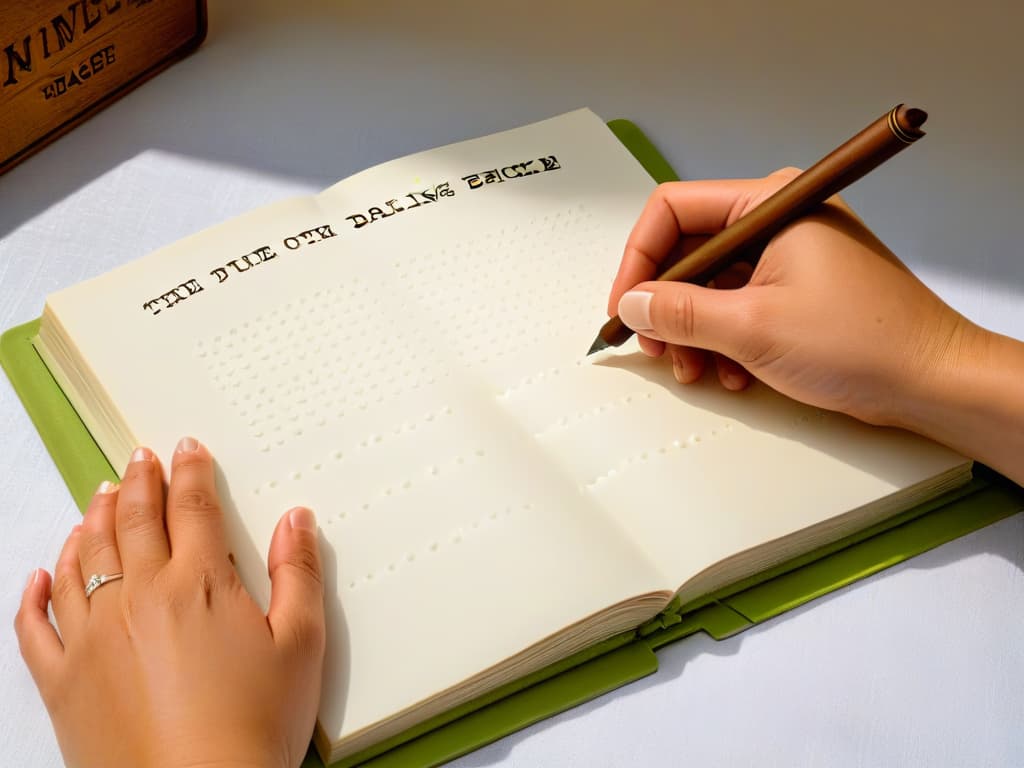  An ultradetailed image of a pair of hands delicately tracing the embossed Braille text on a recipe book page, showcasing the tactile nature of using a Braille cookbook for baking. The hands are elegant and slender, with soft natural lighting illuminating the page and creating subtle shadows, emphasizing the importance of touch and texture in the culinary experience. The background is a simple, neutral color to maintain a minimalist aesthetic, drawing focus solely on the intricate details of the Braille text and the hands interacting with it. hyperrealistic, full body, detailed clothing, highly detailed, cinematic lighting, stunningly beautiful, intricate, sharp focus, f/1. 8, 85mm, (centered image composition), (professionally color graded), ((bright soft diffused light)), volumetric fog, trending on instagram, trending on tumblr, HDR 4K, 8K