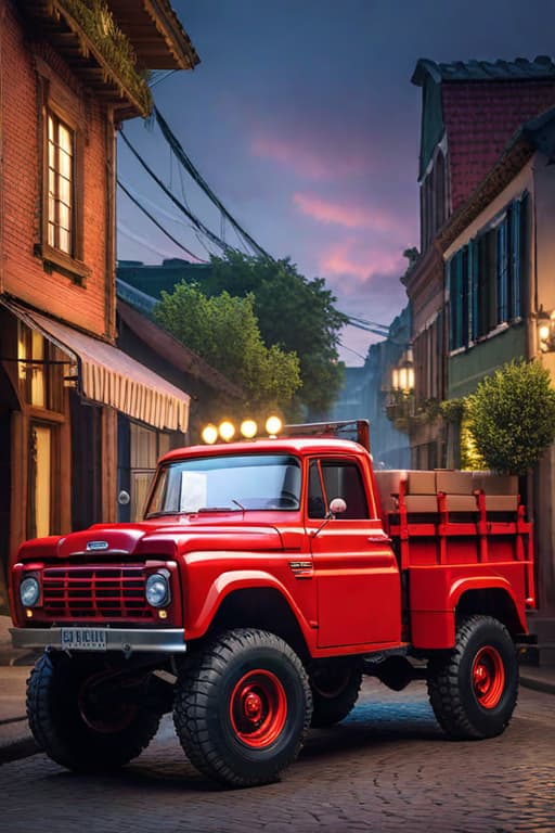  A red pickup truck loaded with cargo passed sideways hyperrealistic, full body, detailed clothing, highly detailed, cinematic lighting, stunningly beautiful, intricate, sharp focus, f/1. 8, 85mm, (centered image composition), (professionally color graded), ((bright soft diffused light)), volumetric fog, trending on instagram, trending on tumblr, HDR 4K, 8K