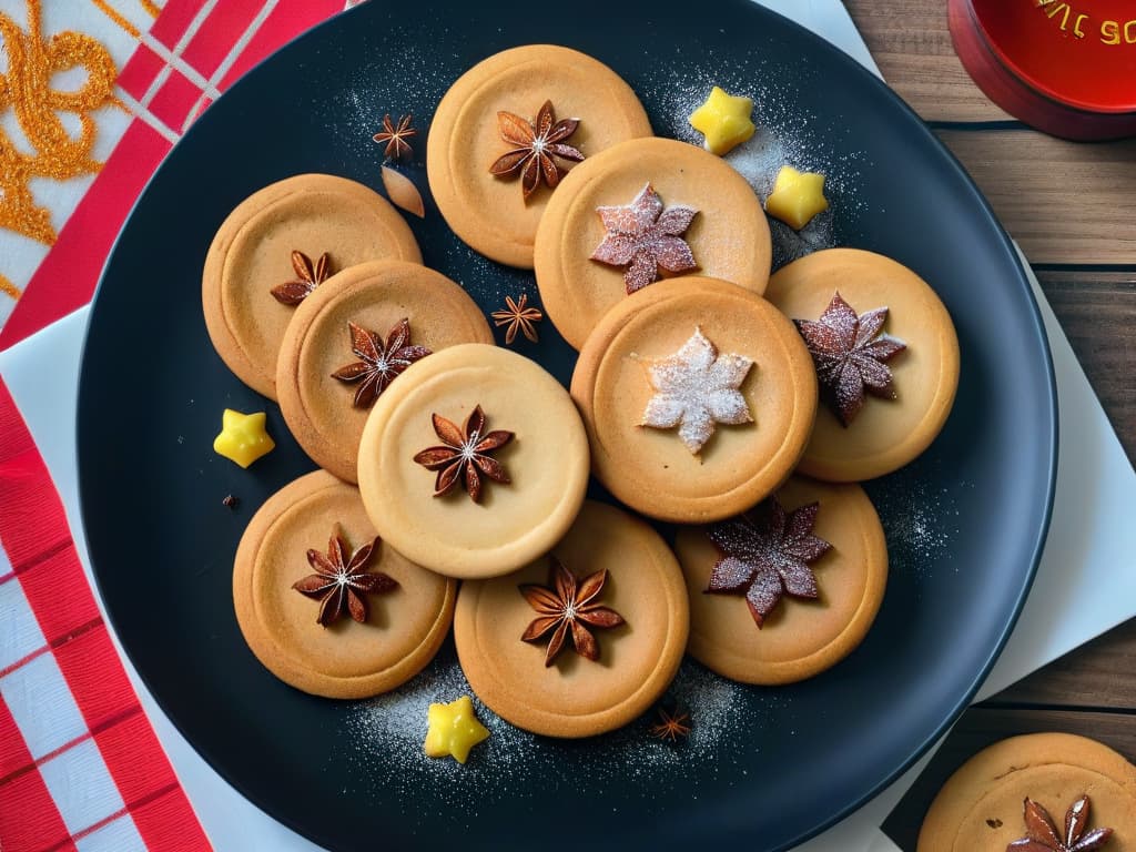  A closeup, ultradetailed image of a freshly baked batch of spiced butter cookies arranged in a perfect circle on a sleek, modern black plate. The cookies are golden brown with delicate sugary crystals glistening on their surface, and each one is adorned with a sprinkle of cinnamon and nutmeg. The background is softly blurred, emphasizing the cookies' intricate textures and warm, inviting colors. hyperrealistic, full body, detailed clothing, highly detailed, cinematic lighting, stunningly beautiful, intricate, sharp focus, f/1. 8, 85mm, (centered image composition), (professionally color graded), ((bright soft diffused light)), volumetric fog, trending on instagram, trending on tumblr, HDR 4K, 8K