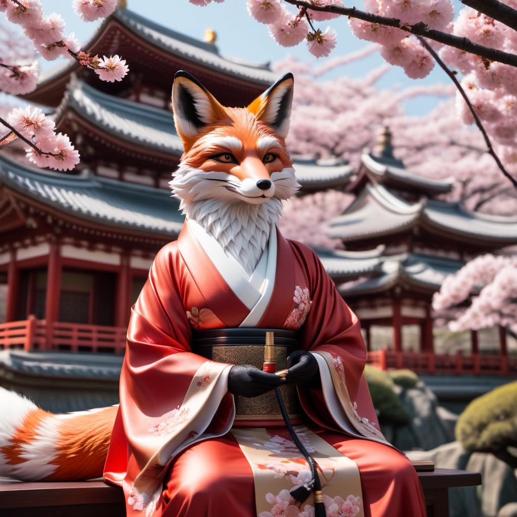  A fox demon with a smoking pipe, a book of records, and two knives in a beautiful kimono on a geta. Against the backdrop of blooming sakura and pagoda. hyperrealistic, full body, detailed clothing, highly detailed, cinematic lighting, stunningly beautiful, intricate, sharp focus, f/1. 8, 85mm, (centered image composition), (professionally color graded), ((bright soft diffused light)), volumetric fog, trending on instagram, trending on tumblr, HDR 4K, 8K