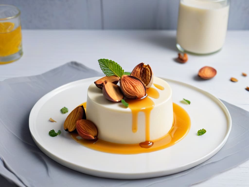  A minimalistic image of a beautifully plated vegan almond milk panna cotta topped with sliced almonds and a drizzle of golden agave syrup, set on a sleek white plate against a soft pastel backdrop. The dessert is garnished with a sprig of fresh mint, and the presentation exudes elegance and simplicity, appealing to the viewer's sense of taste and aesthetics. hyperrealistic, full body, detailed clothing, highly detailed, cinematic lighting, stunningly beautiful, intricate, sharp focus, f/1. 8, 85mm, (centered image composition), (professionally color graded), ((bright soft diffused light)), volumetric fog, trending on instagram, trending on tumblr, HDR 4K, 8K