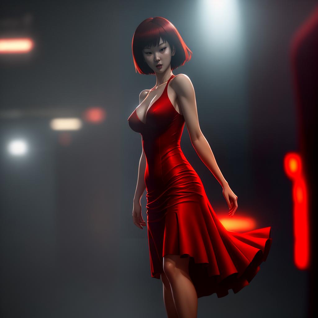  short red dress woman, anime hyperrealistic, full body, detailed clothing, highly detailed, cinematic lighting, stunningly beautiful, intricate, sharp focus, f/1. 8, 85mm, (centered image composition), (professionally color graded), ((bright soft diffused light)), volumetric fog, trending on instagram, trending on tumblr, HDR 4K, 8K