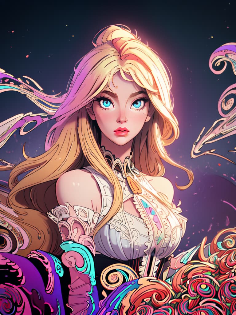  (masterpiece, best quality), 1girl, dress, wavy hair, lying, bare shoulders, blonde, jewelry, frills, (((intricate, pattern, psychedelic, surreal, abstract, swirl))), solo focus, heterochromia, splashing, vivid hyperrealistic, full body, detailed clothing, highly detailed, cinematic lighting, stunningly beautiful, intricate, sharp focus, f/1. 8, 85mm, (centered image composition), (professionally color graded), ((bright soft diffused light)), volumetric fog, trending on instagram, trending on tumblr, HDR 4K, 8K