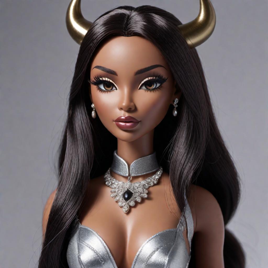  A Bratz doll with a black dark skin tone and the body of a bull. The doll should have exaggerated features characteristic of Bratz dolls, such as large eyes, full lips, and a small nose. The bull body should seamlessly integrate with the doll's head, maintaining the doll's aesthetic. The bull body should be well-proportioned, muscular and powerful, with shiny fur. The background should be simple to keep the focus on the hybrid figure. hyperrealistic, full body, detailed clothing, highly detailed, cinematic lighting, stunningly beautiful, intricate, sharp focus, f/1. 8, 85mm, (centered image composition), (professionally color graded), ((bright soft diffused light)), volumetric fog, trending on instagram, trending on tumblr, HDR 4K, 8K