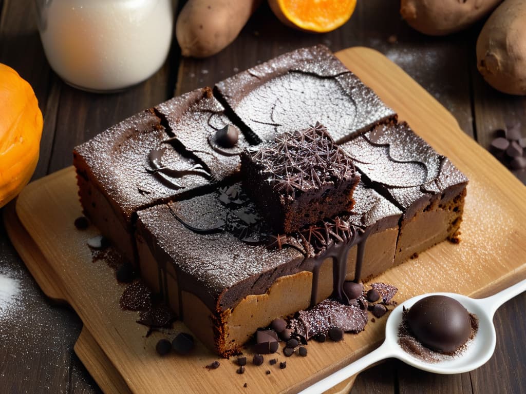  A closeup, ultradetailed image of a freshly baked sweet potato brownie, glistening with melted dark chocolate chunks on top, placed on a rustic wooden table with a sprinkle of powdered sugar around it. The brownie is perfectly sliced, showcasing its fudgy texture and rich color. The lighting is soft, highlighting the glossy surface of the brownie and creating a warm, inviting ambiance. hyperrealistic, full body, detailed clothing, highly detailed, cinematic lighting, stunningly beautiful, intricate, sharp focus, f/1. 8, 85mm, (centered image composition), (professionally color graded), ((bright soft diffused light)), volumetric fog, trending on instagram, trending on tumblr, HDR 4K, 8K