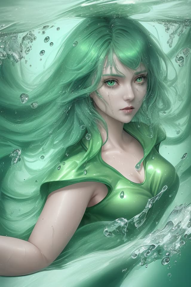  Super hydrophobic substance of green hair characters, super rebound between water drops, ultra high quality, 4K, 8k, detailed details, detailed depictions, green hair characters reflected in water droplets