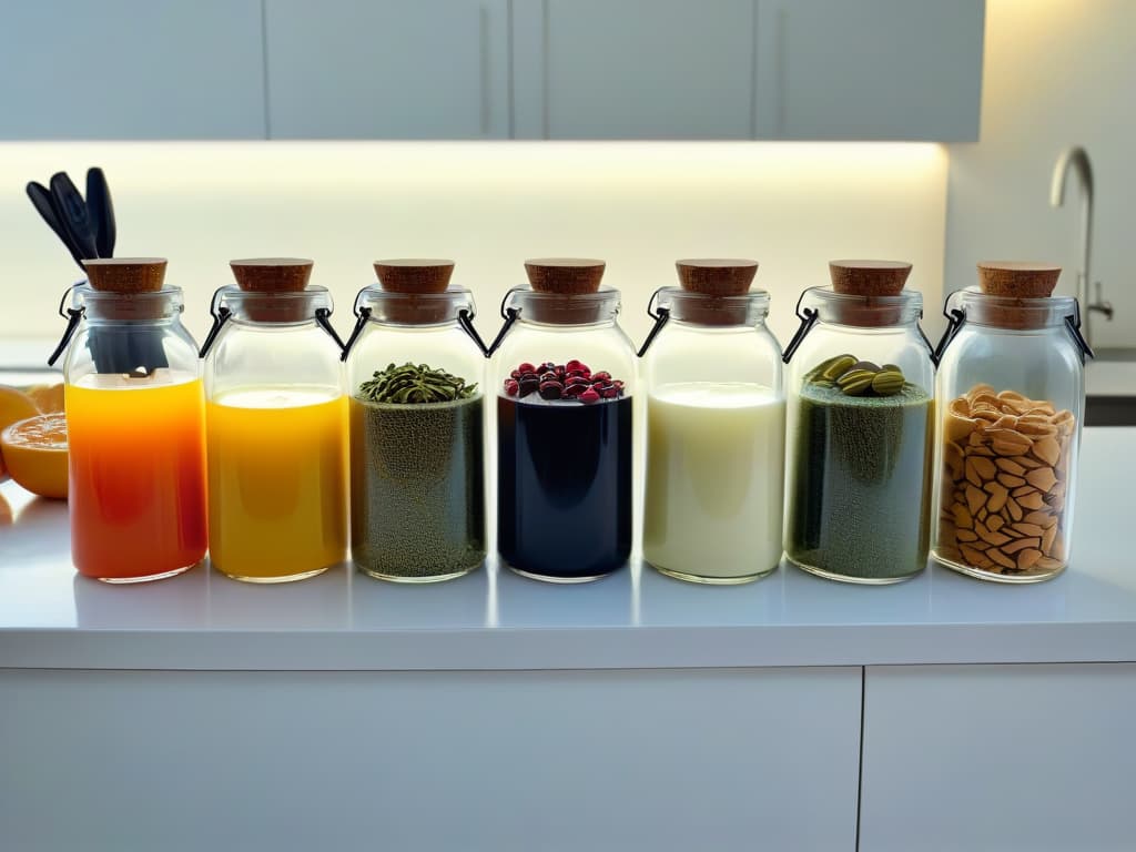  A minimalist image of a sleek, modern kitchen counter with an array of glass bottles filled with colorful homemade vegan extracts like vanilla, almond, and citrus, neatly organized next to fresh ingredients such as vanilla beans, almonds, and citrus fruits. The natural light streaming in from a nearby window casts a soft, inviting glow on the setup, highlighting the freshness and simplicity of the ingredients used in the homemade extracts. hyperrealistic, full body, detailed clothing, highly detailed, cinematic lighting, stunningly beautiful, intricate, sharp focus, f/1. 8, 85mm, (centered image composition), (professionally color graded), ((bright soft diffused light)), volumetric fog, trending on instagram, trending on tumblr, HDR 4K, 8K