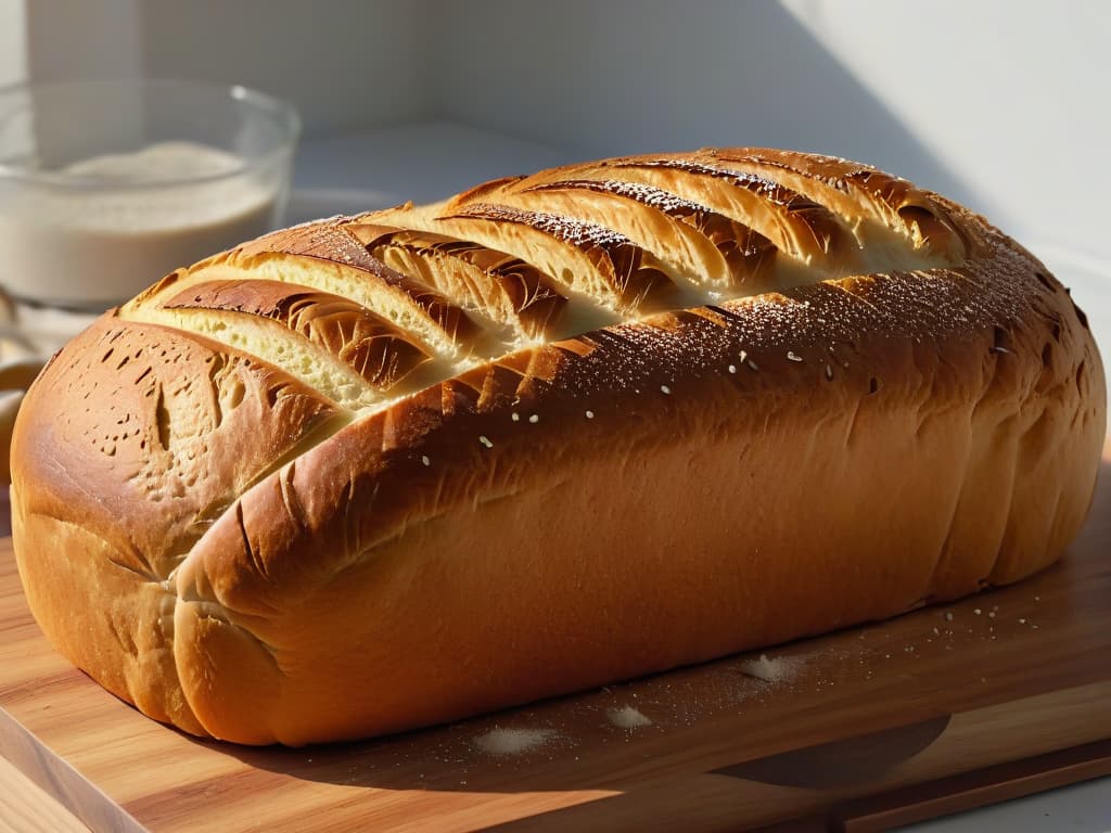  A closeup, ultrahighdefinition image of a perfectly golden, freshly baked loaf of bread, with a crisp, crackling crust, sitting on a rustic wooden cutting board. The bread is delicately dusted with a sprinkle of flour, and you can see the intricate patterns formed by the scoring on the top of the loaf. Sunlight filters through a nearby window, casting a warm, inviting glow on the textured surface of the bread, highlighting its artisanal qualities. hyperrealistic, full body, detailed clothing, highly detailed, cinematic lighting, stunningly beautiful, intricate, sharp focus, f/1. 8, 85mm, (centered image composition), (professionally color graded), ((bright soft diffused light)), volumetric fog, trending on instagram, trending on tumblr, HDR 4K, 8K