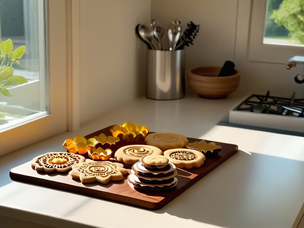  An ultradetailed photorealistic image of a sleek, modern kitchen countertop adorned with an exquisite collection of highend cookie cutters in various intricate shapes and sizes. The sunlight streaming through a nearby window casts a soft, warm glow on the meticulously arranged tools, highlighting their impeccable craftsmanship and luxurious design. Each cutter glistens under the light, showcasing their premium materials and precise detailing, evoking a sense of sophistication and creativity that appeals to the most discerning bakers and cookie enthusiasts. hyperrealistic, full body, detailed clothing, highly detailed, cinematic lighting, stunningly beautiful, intricate, sharp focus, f/1. 8, 85mm, (centered image composition), (professionally color graded), ((bright soft diffused light)), volumetric fog, trending on instagram, trending on tumblr, HDR 4K, 8K