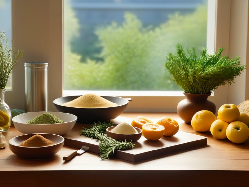  An ultradetailed 8k image of a serene kitchen scene with a sleek, modern design featuring ecofriendly baking ingredients neatly arranged on a minimalist wooden countertop. The sunlight streams in through a large window, casting a warm glow on the fresh herbs and fruits placed strategically next to a set of elegant, sustainable baking tools. The image exudes a sense of tranquility and sophistication, embodying the essence of ecofriendly baking in a simple yet visually captivating manner. hyperrealistic, full body, detailed clothing, highly detailed, cinematic lighting, stunningly beautiful, intricate, sharp focus, f/1. 8, 85mm, (centered image composition), (professionally color graded), ((bright soft diffused light)), volumetric fog, trending on instagram, trending on tumblr, HDR 4K, 8K