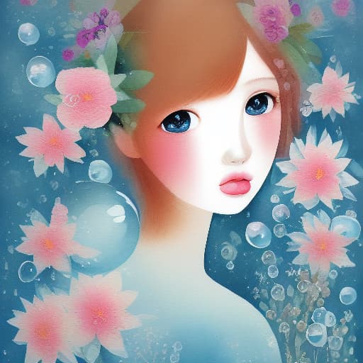  Create Soft and Delicate floral, watercolor, girl face around bubbles