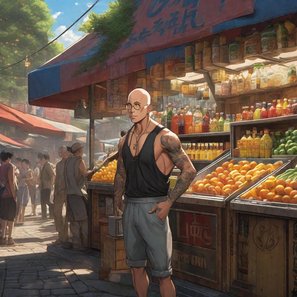  A bare chested bald man with tattoos next to a juice vendor., anime concept art by Hayao Miyazaki, featured on pixiv, fantasy art, concept art, official art, high detailed hyperrealistic, full body, detailed clothing, highly detailed, cinematic lighting, stunningly beautiful, intricate, sharp focus, f/1. 8, 85mm, (centered image composition), (professionally color graded), ((bright soft diffused light)), volumetric fog, trending on instagram, trending on tumblr, HDR 4K, 8K