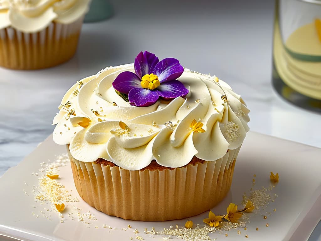  A closeup, ultradetailed image of a perfectly frosted glutenfree cupcake, adorned with delicate edible flowers and dusted with a sprinkle of gold flakes, set on a sleek, modern marble countertop under soft, natural lighting. hyperrealistic, full body, detailed clothing, highly detailed, cinematic lighting, stunningly beautiful, intricate, sharp focus, f/1. 8, 85mm, (centered image composition), (professionally color graded), ((bright soft diffused light)), volumetric fog, trending on instagram, trending on tumblr, HDR 4K, 8K