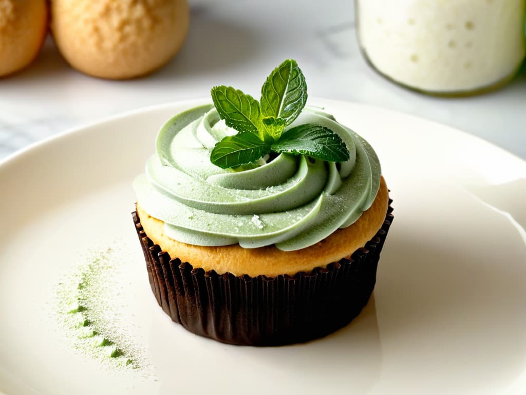  A closeup, highresolution image of a delicate, freshly baked lowcalorie cupcake topped with natural sweeteners like stevia leaves and a sprinkle of powdered erythritol. The cupcake is elegantly displayed on a sleek, modern white plate, highlighting its moist texture and goldenbrown hue. The soft natural lighting enhances the vibrant colors of the cupcake and the green stevia leaves, creating a visually appealing and appetizing image that perfectly complements the professional and inspiring tone of the article. hyperrealistic, full body, detailed clothing, highly detailed, cinematic lighting, stunningly beautiful, intricate, sharp focus, f/1. 8, 85mm, (centered image composition), (professionally color graded), ((bright soft diffused light)), volumetric fog, trending on instagram, trending on tumblr, HDR 4K, 8K