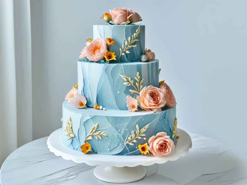  A photorealistic closeup image of a delicate, intricately designed wedding cake inspired by classical art, featuring ornate details resembling marble sculptures and intricate floral patterns in soft pastel colors. The cake is elegantly displayed on a polished marble surface, with soft natural light illuminating its exquisite craftsmanship, showcasing the fusion of traditional artistry with modern pastry techniques. hyperrealistic, full body, detailed clothing, highly detailed, cinematic lighting, stunningly beautiful, intricate, sharp focus, f/1. 8, 85mm, (centered image composition), (professionally color graded), ((bright soft diffused light)), volumetric fog, trending on instagram, trending on tumblr, HDR 4K, 8K