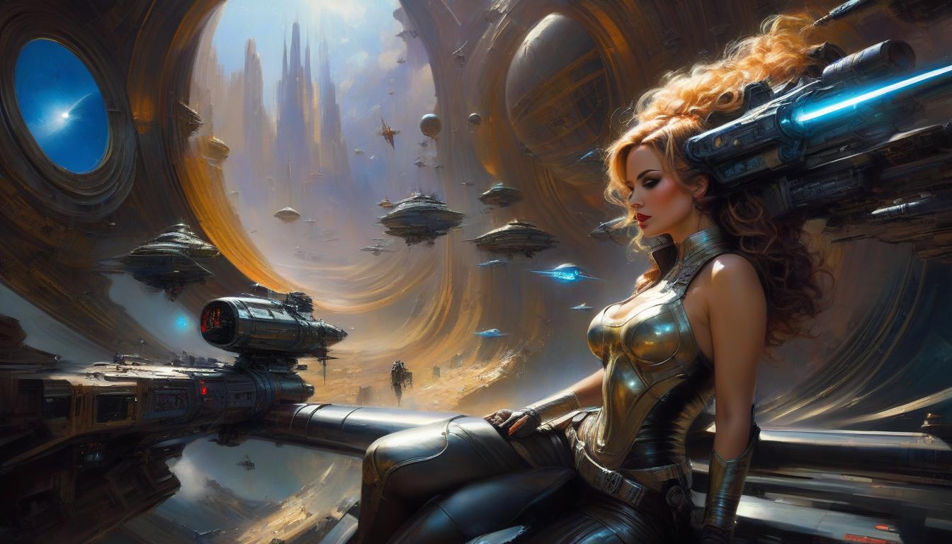  Sci Fi Movie adcentue scene, in the style of Pino Daeni, by John Howe, Jordan Grimmer, Dianna Briggs, Jasmine Becket Griffith, Karol Baka, Alan Lee, Jim Steranko, Daren Bader, Alex Laurant, Albert Joseph Penot, jj fu, Dan Mumford, greg rutkowski, charlie bowater, masterpiece, etched outlines, influenced by the artistic styles of Mikael Peter Anker, Silke Leffler, Natalia Ricci, Igor Maikov, 85mm f2 lens capturing the essence of paranormal luminescence, fine coal texture, dusk shine, best quality, highly detailed, intricate, beautiful detailed intricate, epic sharp focus, by rutkowski painting concept art hyperrealistic, full body, detailed clothing, highly detailed, cinematic lighting, stunningly beautiful, intricate, sharp focus, f/1. 8, 85mm, (centered image composition), (professionally color graded), ((bright soft diffused light)), volumetric fog, trending on instagram, trending on tumblr, HDR 4K, 8K