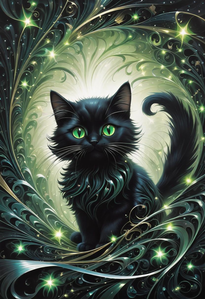 1. A mischievous black cat with piercing green eyes, surrounded by cascading ribbons of shimmering ferrofluid, creating an otherworldly and ethereal atmosphere. The cat's fur seems to be made of swirling magnetic particles, reflecting an iridescent glow against a dark and mysterious backdrop.
2. A regal white cat with fur as smooth and sleek as liquid metal, adorned with delicate rivulets of ferrofluid that seem to flow like glowing veins throughout its body. The metallic sheen of the cat's coat, combined with the captivating patterns formed by the ferrofluid, creates an enchanting and futuristic portrait.
3. A playful ginger cat with wisps of electrifying blue ferrofluid emanating from its paws as it jumps through the air, leaving behind v hyperrealistic, full body, detailed clothing, highly detailed, cinematic lighting, stunningly beautiful, intricate, sharp focus, f/1. 8, 85mm, (centered image composition), (professionally color graded), ((bright soft diffused light)), volumetric fog, trending on instagram, trending on tumblr, HDR 4K, 8K